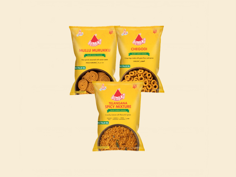 Three Bambino South Indian snack packets — Mullu Murukku, Chegodi and Telangana Spicy Mixture